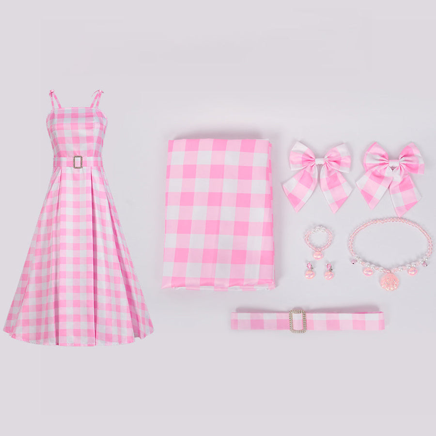 Pink Gingham Dress with Accessories