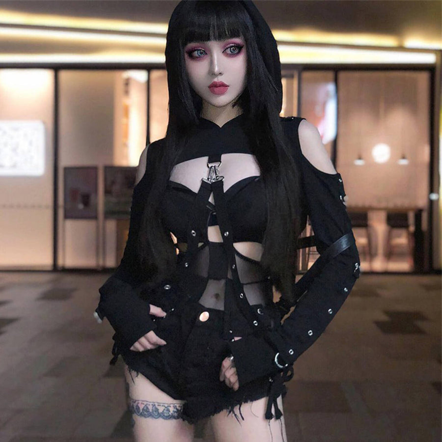 Gothic Street Short Hoodie Dark Halloween Off-shoulder Pullover Crop Top