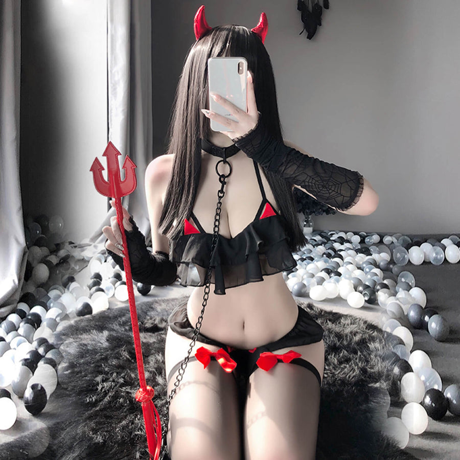 Devil Chiffon Ruffle Bikini Set Cute Anime Cosplay Lingerie Lolita Japanese Underwear