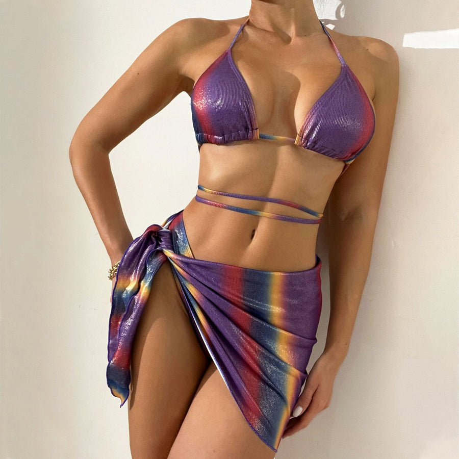 Yomorio 3 Piece String Bikini Set Rainbow Ombre Bathing Suits Sexy Holographic Swimsuit with Cover Up Shirt