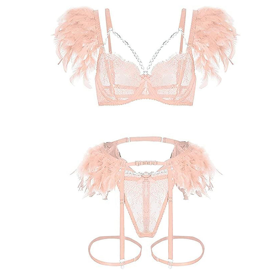 Sexy Strappy Eyelash Lace Lingerie Set Metal Chain Feather Garter Belt Set