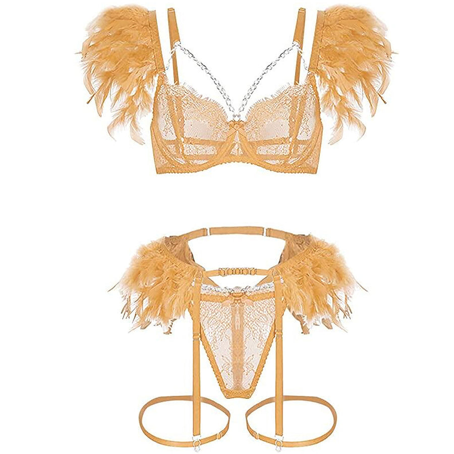 Sexy Strappy Eyelash Lace Lingerie Set Metal Chain Feather Garter Belt Set