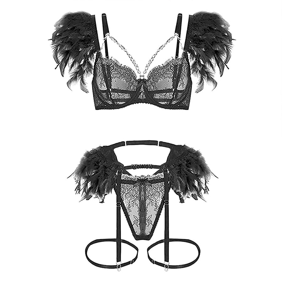 Sexy Strappy Eyelash Lace Lingerie Set Metal Chain Feather Garter Belt Set