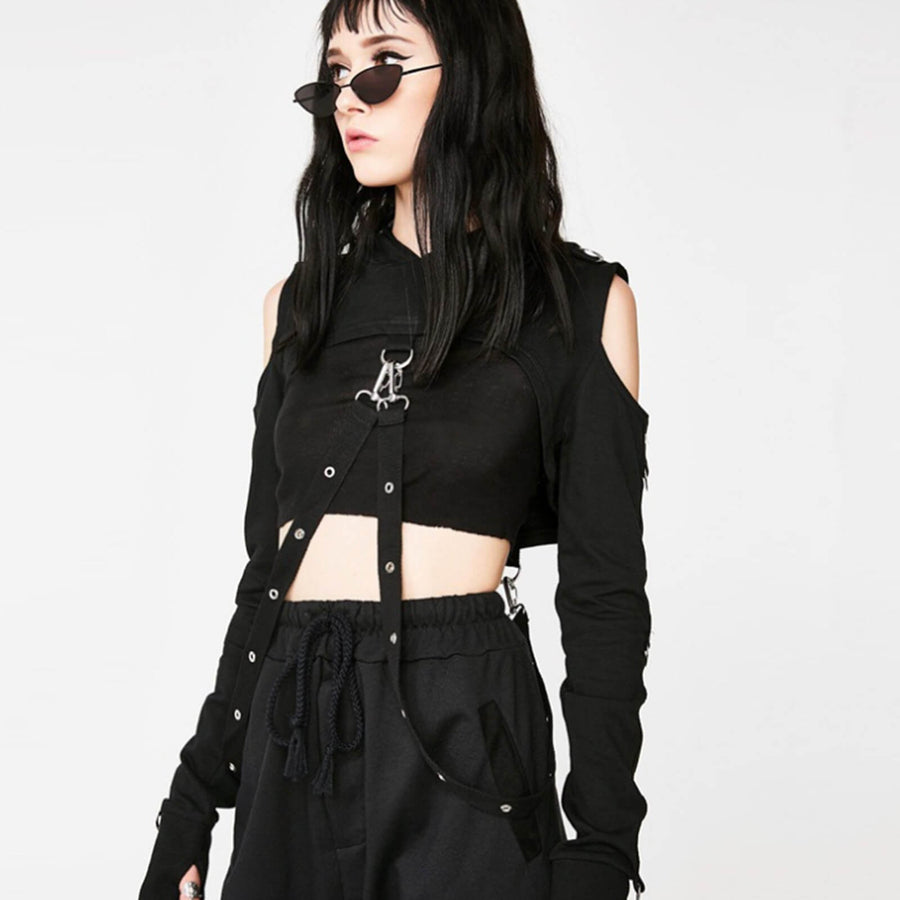 Gothic Street Short Hoodie Dark Halloween Off-shoulder Pullover Crop Top