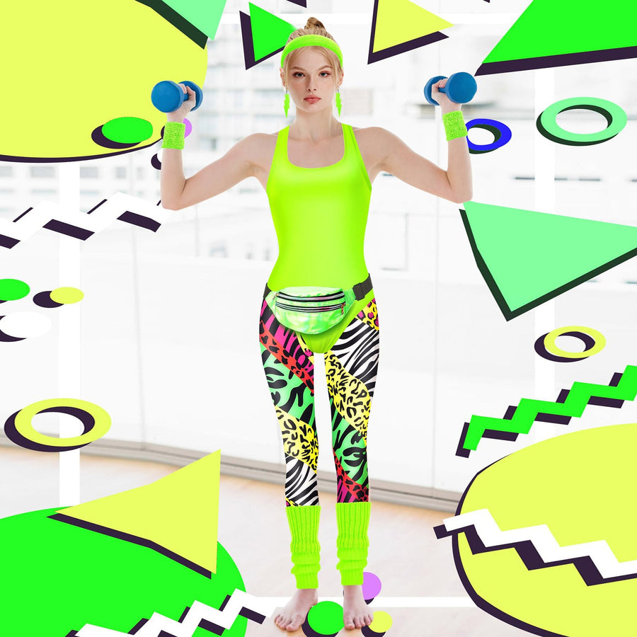 Women's 80s Workout Costume 7 Pcs 80s 90s Leotard Legging Headband Wristbands Leg Warmers Earrings Fanny Pack 80s Retro Party Outfits