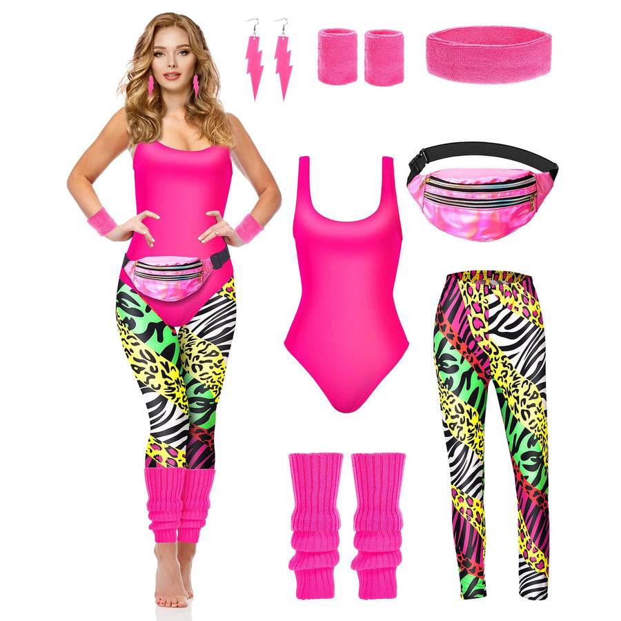 Women's 80s Workout Costume 7 Pcs 80s 90s Leotard Legging Headband Wristbands Leg Warmers Earrings Fanny Pack 80s Retro Party Outfits