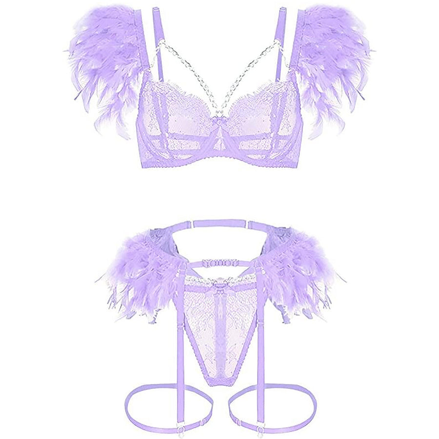 Sexy Strappy Eyelash Lace Lingerie Set Metal Chain Feather Garter Belt Set