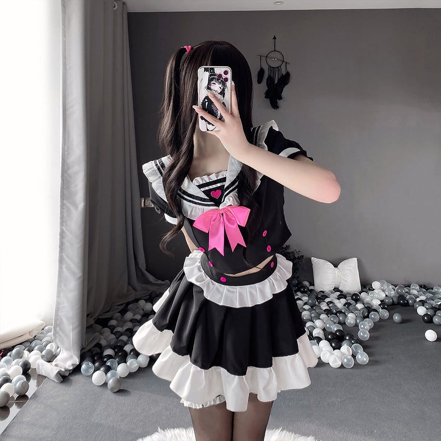 Anime Maid Cosplay Costume Classic Japanese Lolita Lace Top with Skirt Uniform Outfit