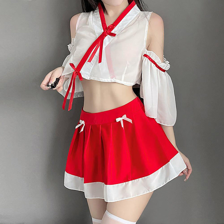 Sexy Japanese Kimono Shrine Maiden Anime Costume Vintage Transparent Lingerie Set