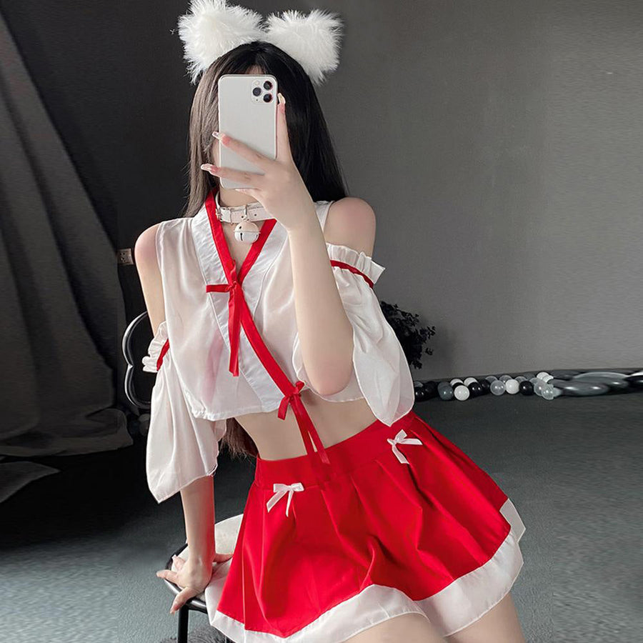 Sexy Japanese Kimono Shrine Maiden Anime Costume Vintage Transparent Lingerie Set