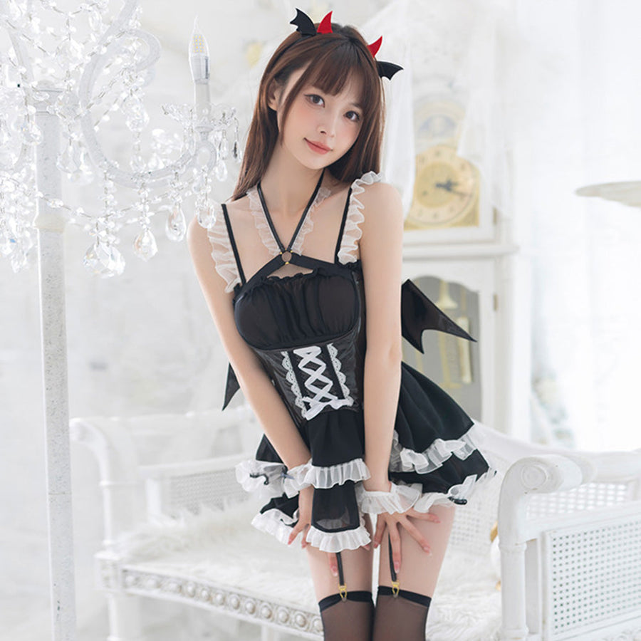 Succubus Little Devil Cosplay Costume Sleeveless Lolita Dress with Latex Wing Corset