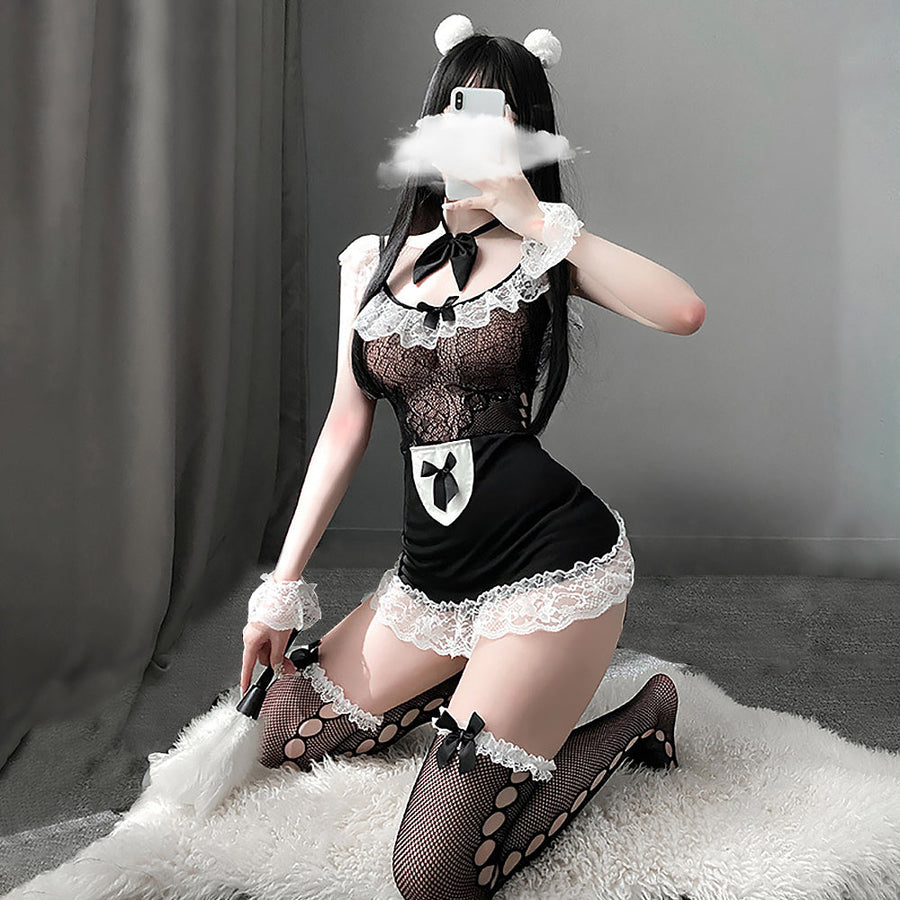 Yomorio Sexy Maid Costume Black Maid Anime Lingerie Lace Trim Cosplay Babydoll Outfits