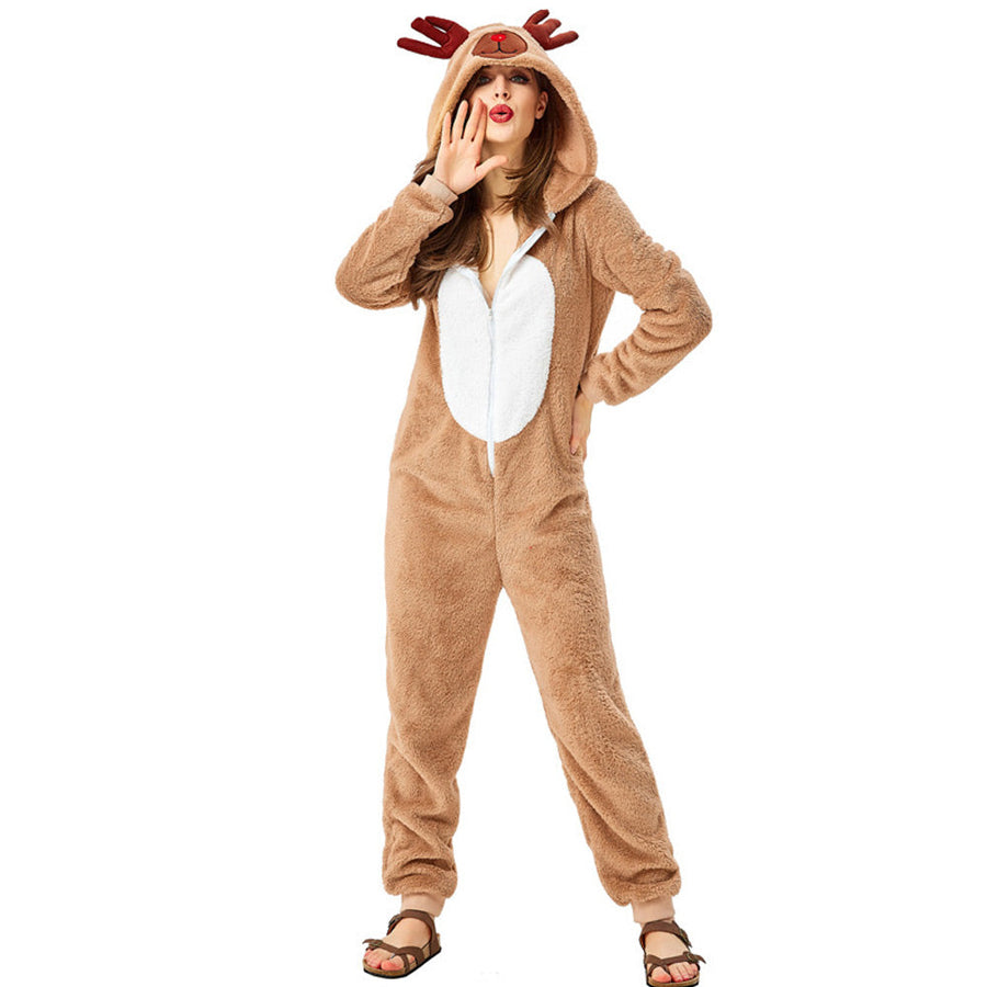 Adult Reindeer Onesie Pajamas Women's Christmas Deer Costume Animal Fleece Sleepwear Jumpsuit