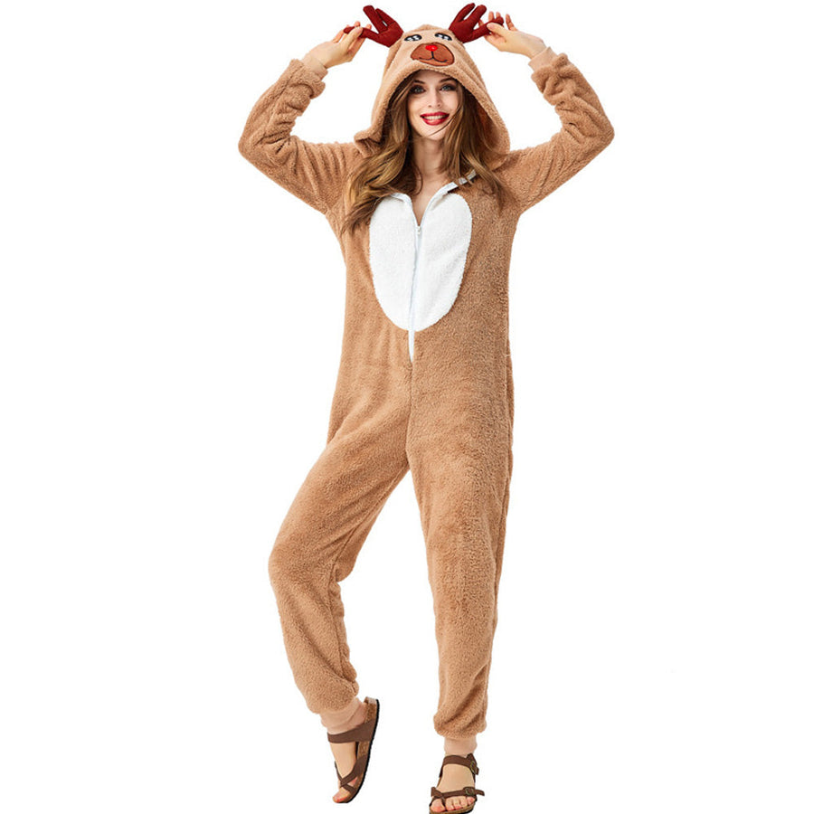 Adult Reindeer Onesie Pajamas Women's Christmas Deer Costume Animal Fleece Sleepwear Jumpsuit