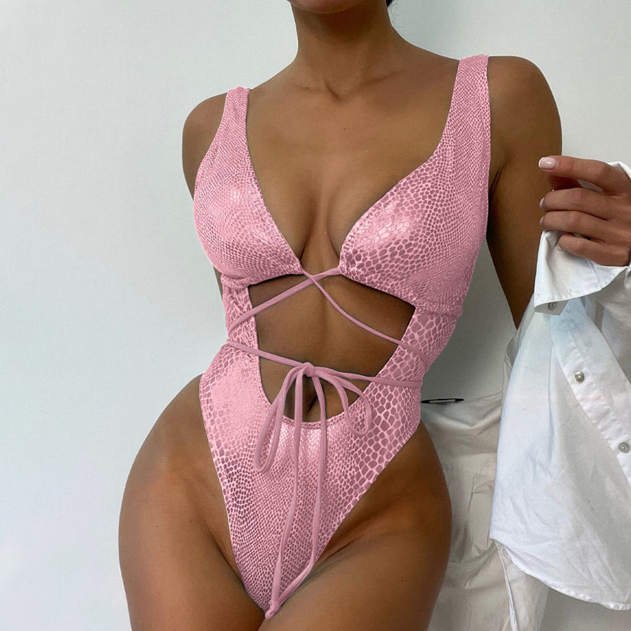 Allover Snake Swimsuit Deep V Neck Hollow Bodice One Piece Monokini