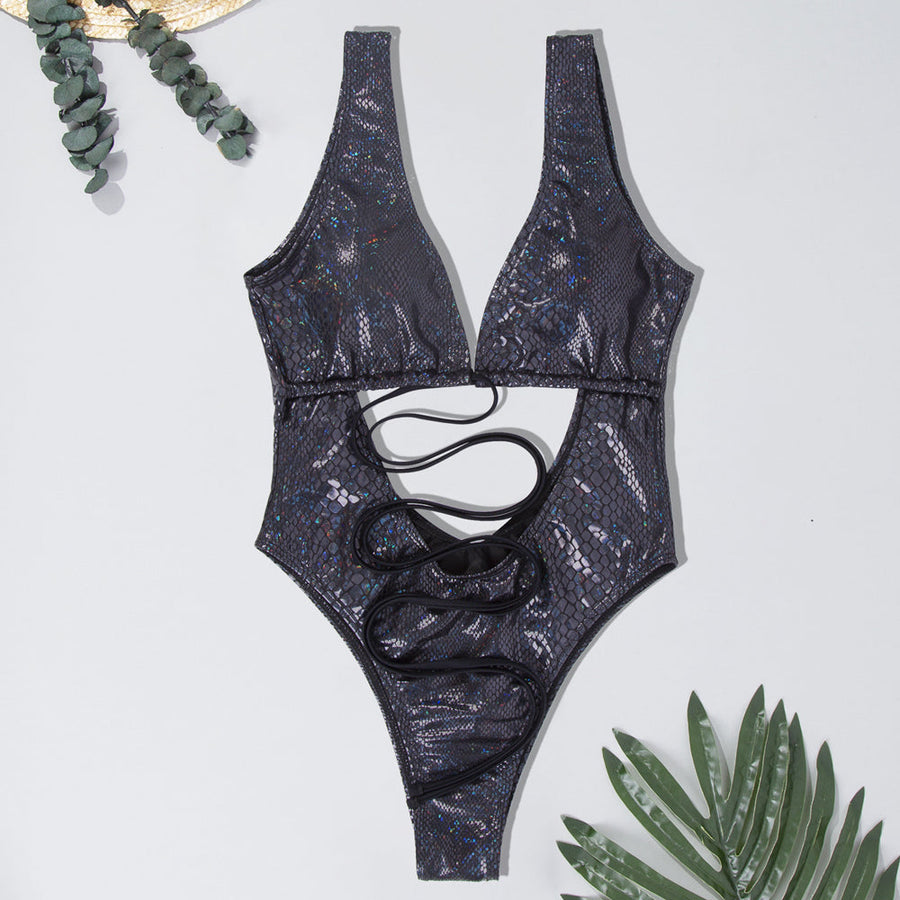 Allover Snake Swimsuit Deep V Neck Hollow Bodice One Piece Monokini