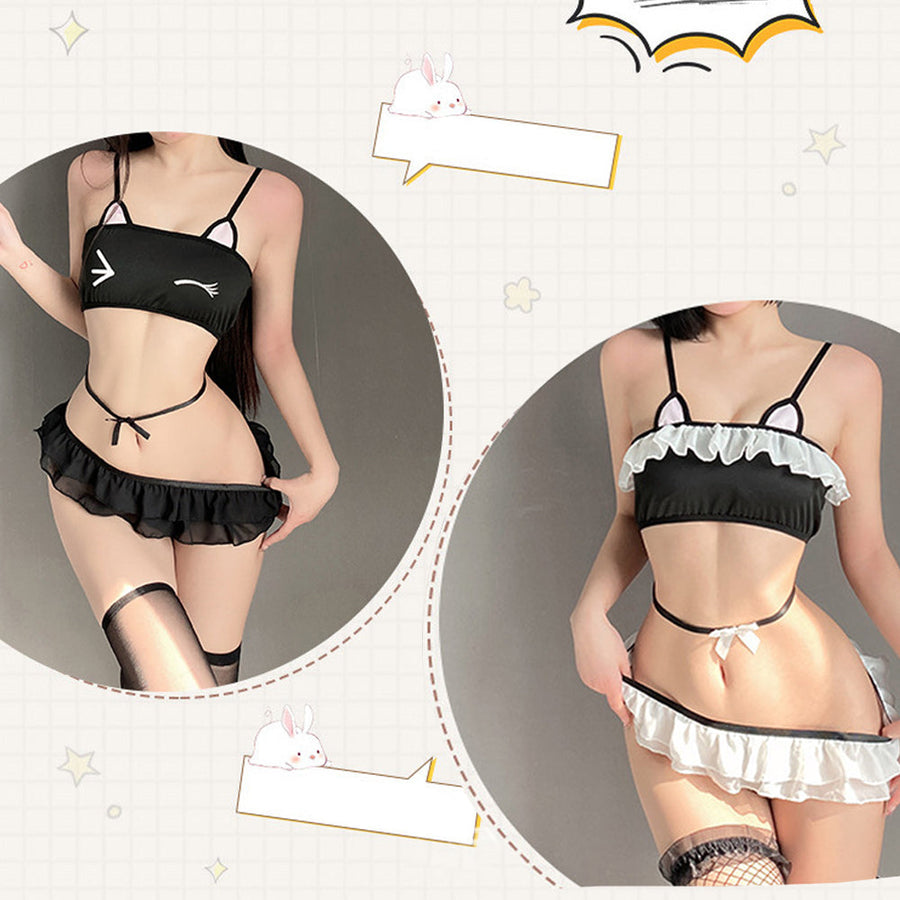 Kawaii Cat Cosplay Lingerie for Women Lolita Anime Costume Ruffled Tube Top with G-String