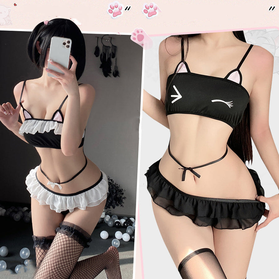 Kawaii Cat Cosplay Lingerie for Women Lolita Anime Costume Ruffled Tube Top with G-String