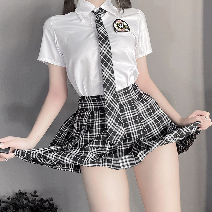 White Shirt and Plaid Mini Skirt