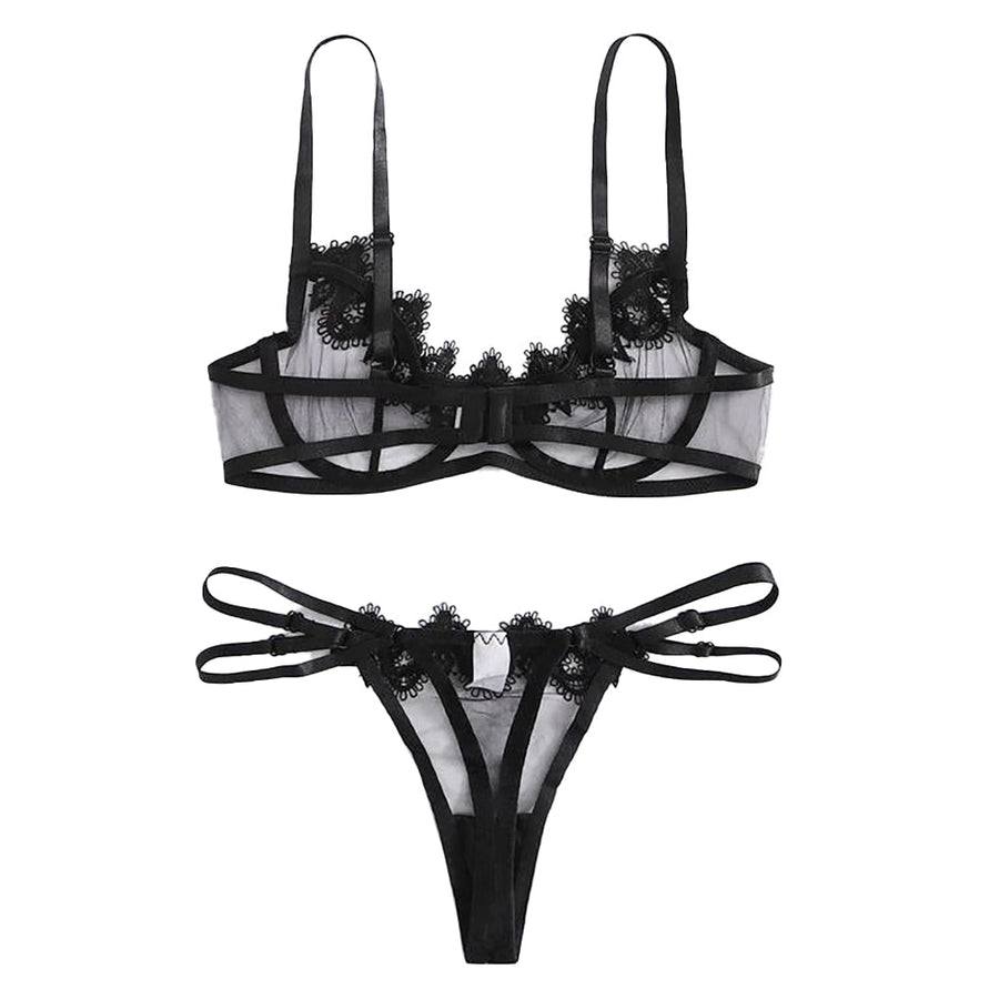 Appliques Lace Bra Set 2 Piece Sheer Mesh Bra and Strappy Sides Panty