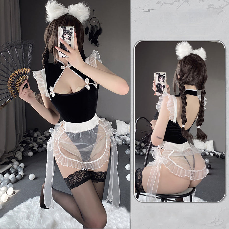 Yomorio Chinese Maid Lingerie Set Sexy Hollow Out Anime Bodysuit with Mesh Apron