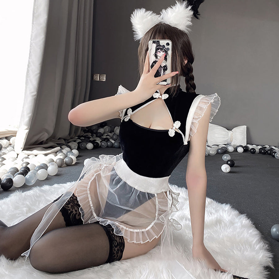 Yomorio Chinese Maid Lingerie Set Sexy Hollow Out Anime Bodysuit with Mesh Apron