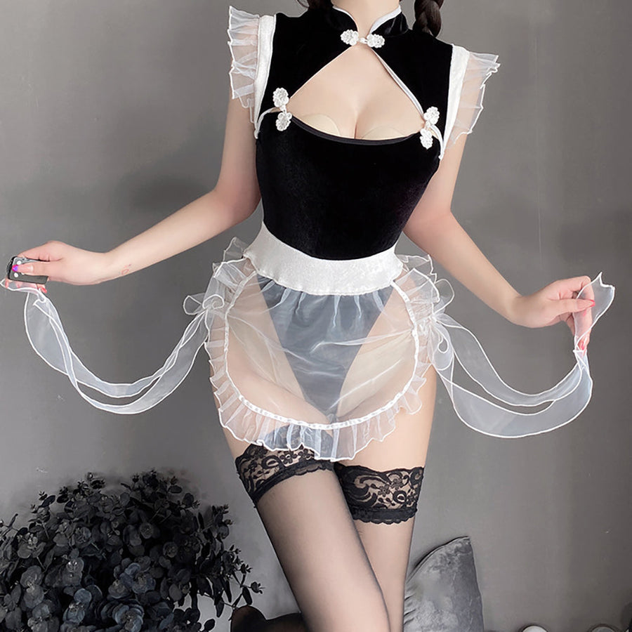 Yomorio Chinese Maid Lingerie Set Sexy Hollow Out Anime Bodysuit with Mesh Apron