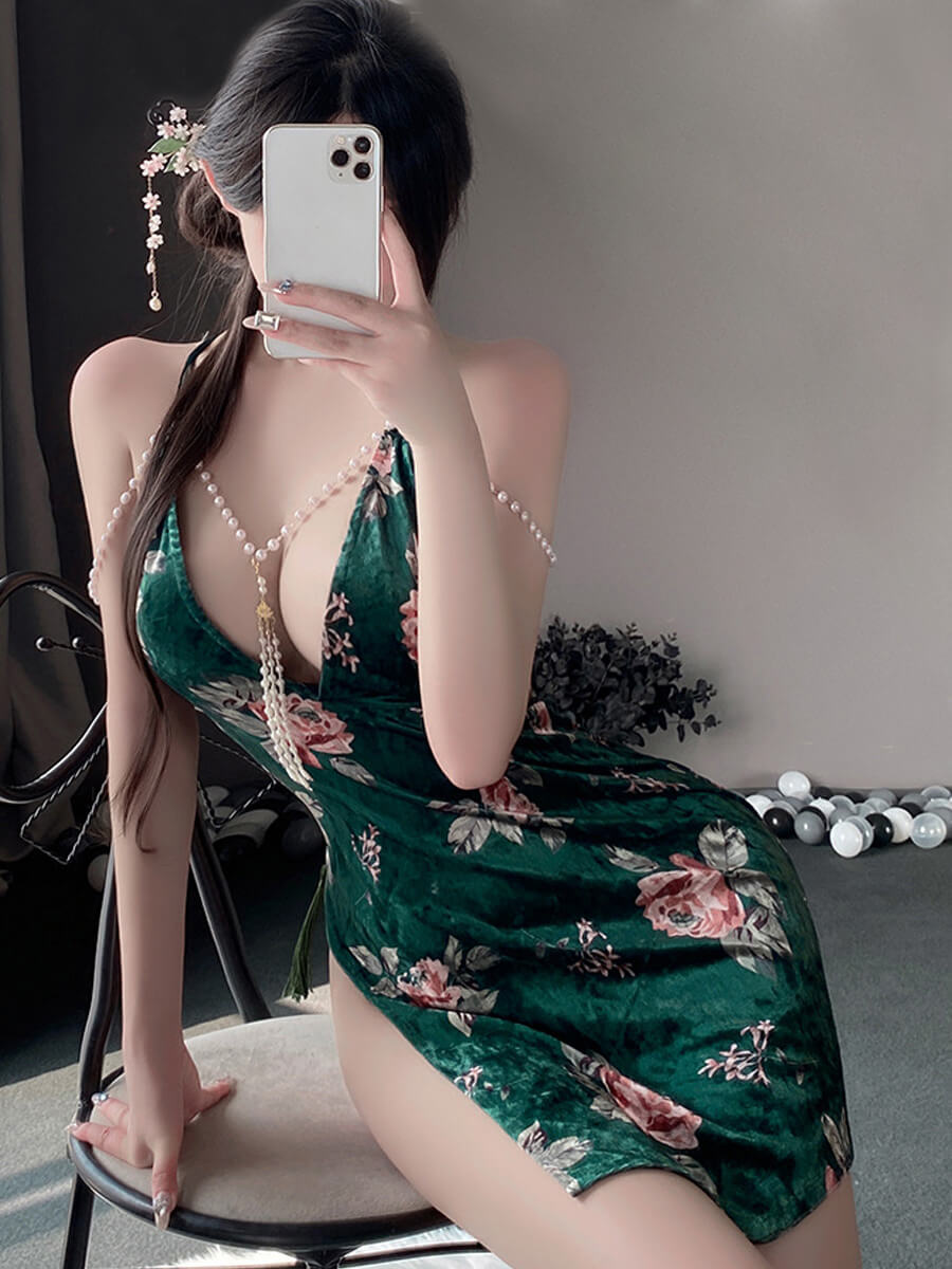 Floral Velvet Cheongsam Dress