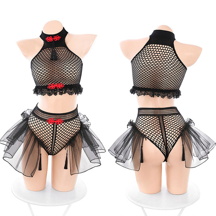 Chinese Style Fishnet Lingerie Set 2 Piece Bodystocking Set Lattice Net Crop Top and Bottom