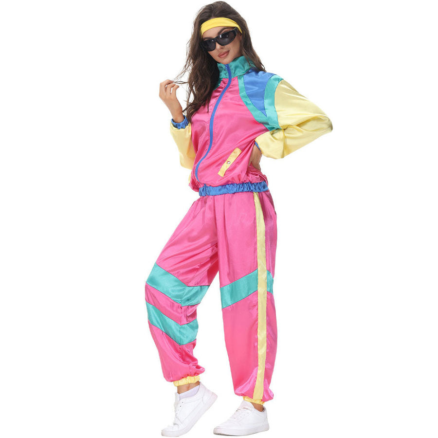 Couple 80s Tracksuit Hip Hop Disco Costume Color Block Jacket and Pants for Men Women