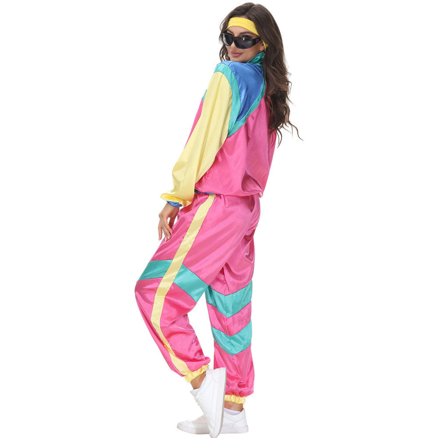 Couple 80s Tracksuit Hip Hop Disco Costume Color Block Jacket and Pants for Men Women