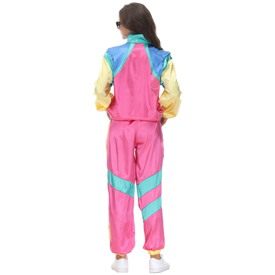 Couple 80s Tracksuit Hip Hop Disco Costume Color Block Jacket and Pants for Men Women