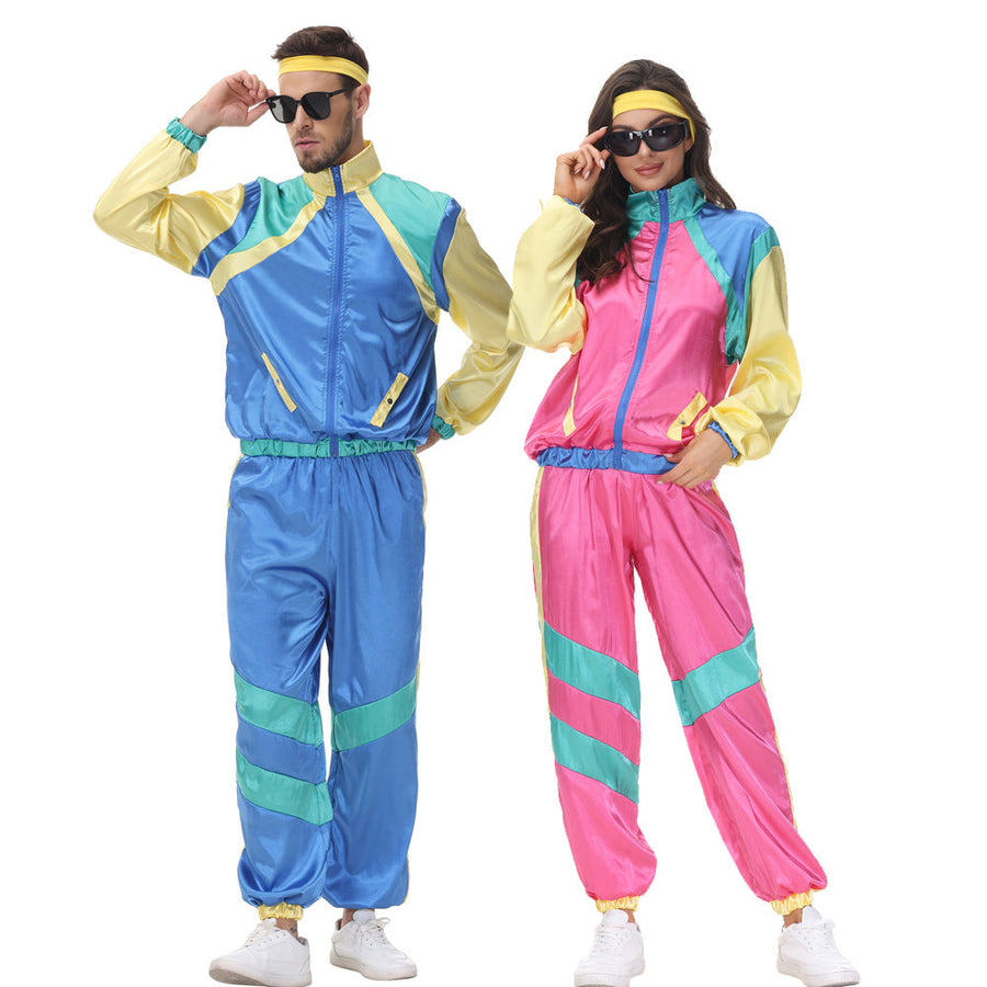 Couple 80s Tracksuit Hip Hop Disco Costume Color Block Jacket and Pants for Men Women