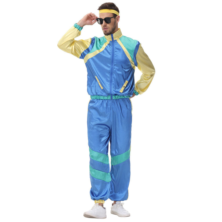 Couple 80s Tracksuit Hip Hop Disco Costume Color Block Jacket and Pants for Men Women