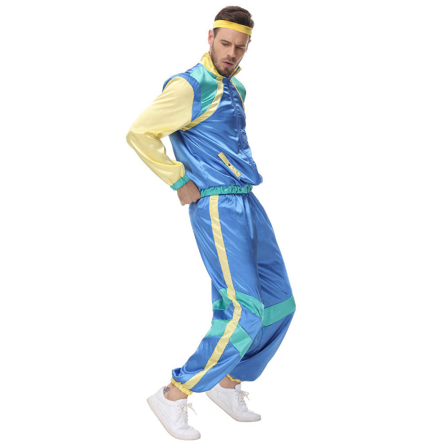 Couple 80s Tracksuit Hip Hop Disco Costume Color Block Jacket and Pants for Men Women