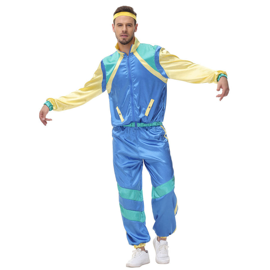 Couple 80s Tracksuit Hip Hop Disco Costume Color Block Jacket and Pants for Men Women