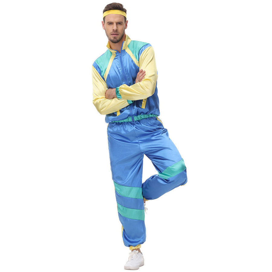 Couple 80s Tracksuit Hip Hop Disco Costume Color Block Jacket and Pants for Men Women
