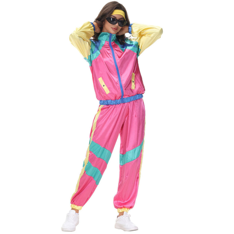 Couple 80s Tracksuit Hip Hop Disco Costume Color Block Jacket and Pants for Men Women