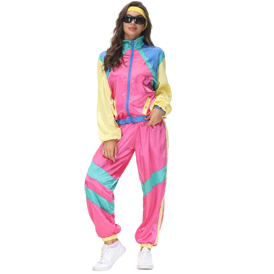 Couple 80s Tracksuit Hip Hop Disco Costume Color Block Jacket and Pants for Men Women