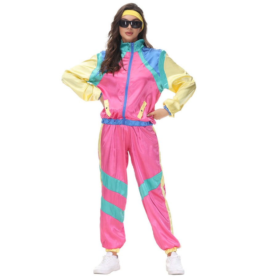 Couple 80s Tracksuit Hip Hop Disco Costume Color Block Jacket and Pants for Men Women