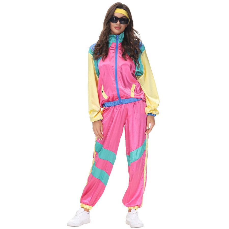 Couple 80s Tracksuit Hip Hop Disco Costume Color Block Jacket and Pants for Men Women