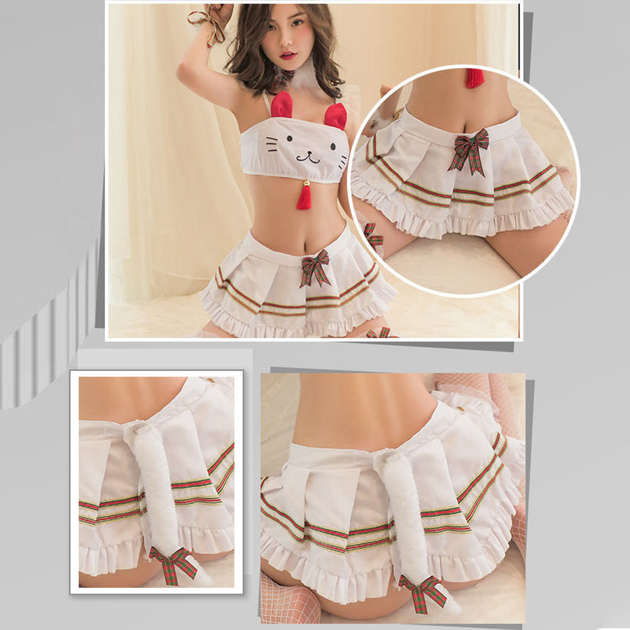 Cute Bunny Costume Cat Print Crop Top and Skirt Set Japanese Anime Lingerie