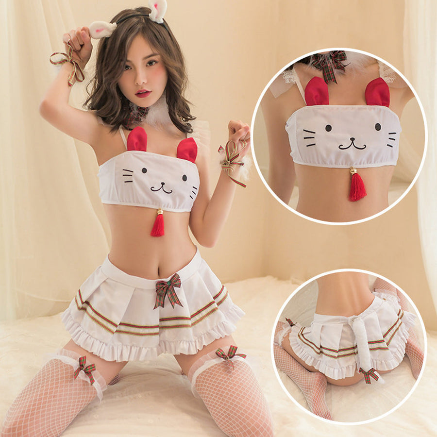 Cute Bunny Costume Cat Print Crop Top and Skirt Set Japanese Anime Lingerie