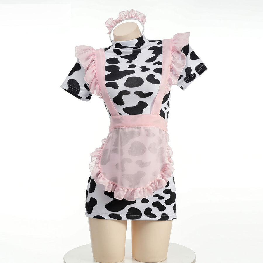 Cute Cow Maid Costume Anime Cow Print Lingerie Set Pink Mesh Maid Apron Babydoll Dress