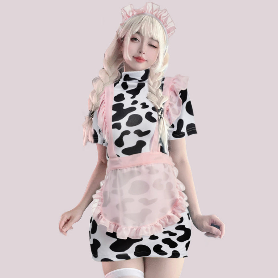 Cute Cow Maid Costume Anime Cow Print Lingerie Set Pink Mesh Maid Apron Babydoll Dress