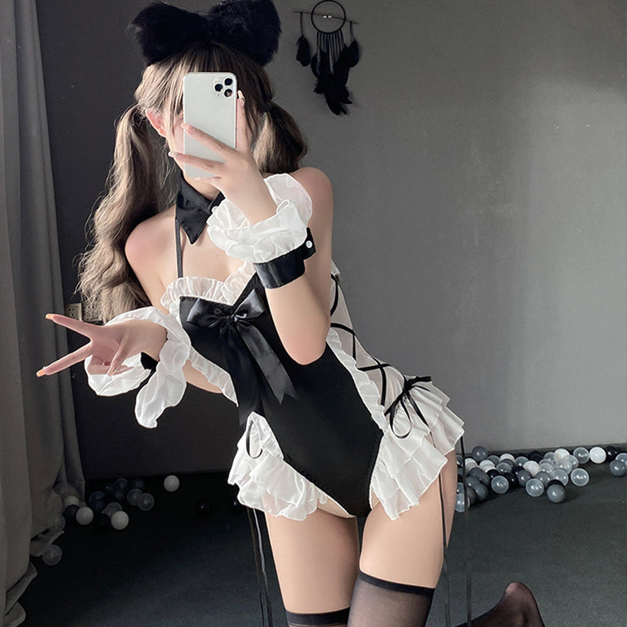 Cute Kitty Costume Halter Lace Up Snaps Crotch Cat Cosplay Bodysuit