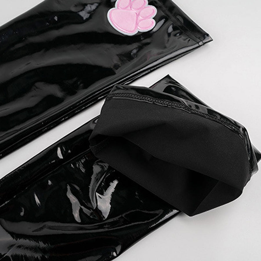 Cute Latex Thigh High Stocking 2 Color Shiny Faux Leather Cat Paw Thigh High Socks