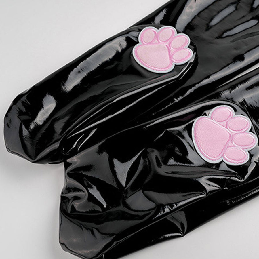 Cute Latex Thigh High Stocking 2 Color Shiny Faux Leather Cat Paw Thigh High Socks