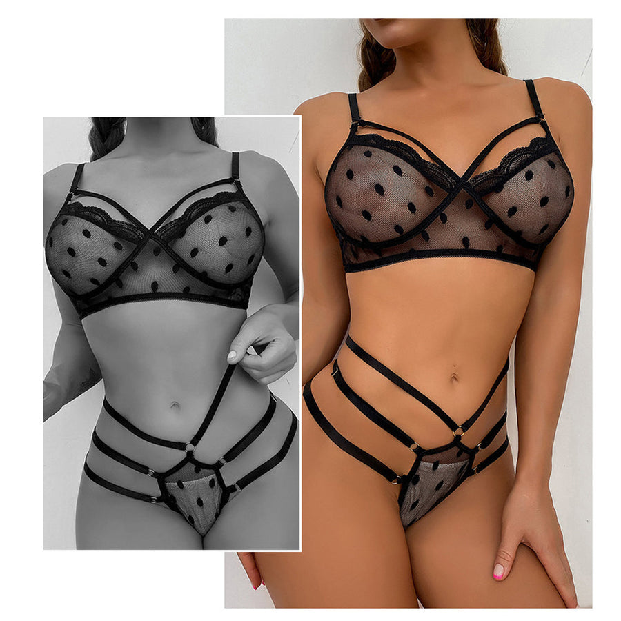 Dotted Mesh Bra Set 2 Piece Strappy Sheer Lace Triangle Bra and Panty