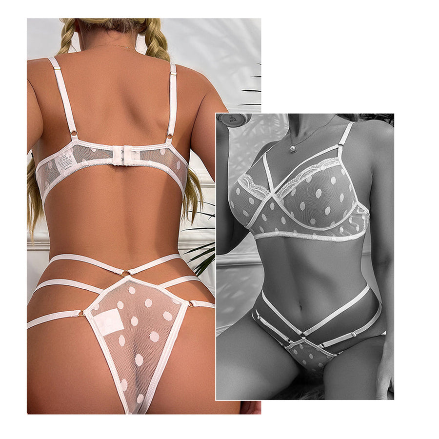 Dotted Mesh Bra Set 2 Piece Strappy Sheer Lace Triangle Bra and Panty